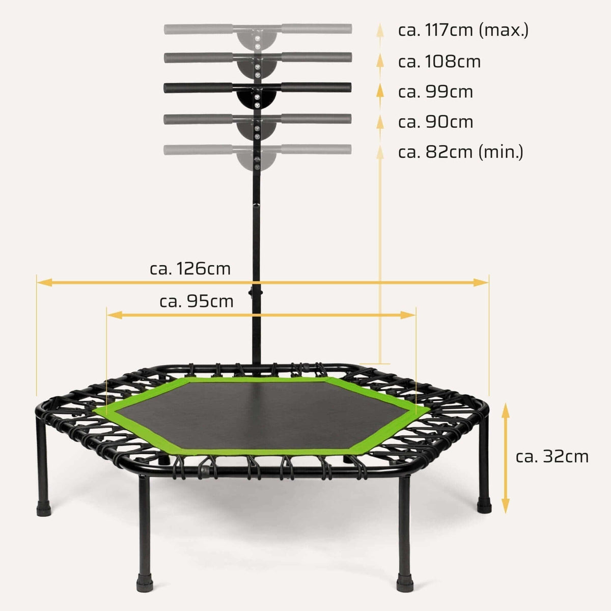 Höhenverstellbares Fitness Trampolin mit Haltestange mit Maßangaben: Ø ca. 126 cm, Sprungfläche ca. 95 cm, Griffhöhe 82–117 cm