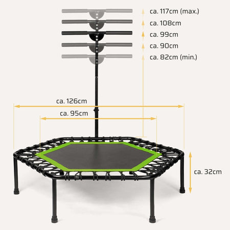 Höhenverstellbares Fitness Trampolin mit Haltestange mit Maßangaben: Ø ca. 126 cm, Sprungfläche ca. 95 cm, Griffhöhe 82–117 cm