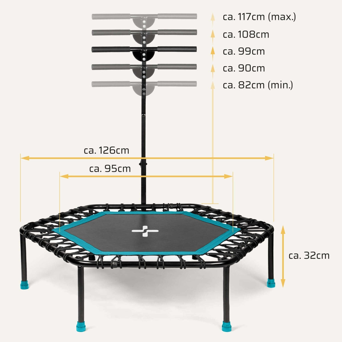 Höhenverstellbares Fitness Trampolin mit Haltestange – Maße: Ø ca. 126 cm, Sprungfläche ca. 95 cm, Griffhöhe 82–117 cm