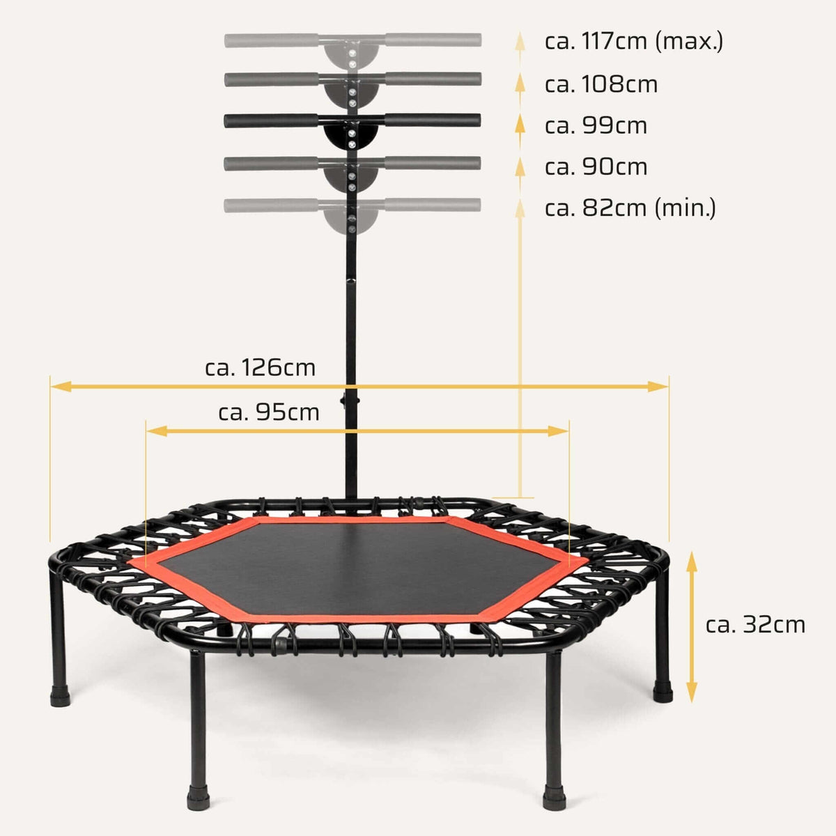 Höhenverstellbares Fitness Trampolin mit Haltestange mit Maßangaben: Griffhöhe 82–117 cm, Durchmesser 126 cm, Sprungfläche 95 cm