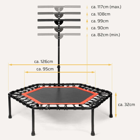 Höhenverstellbares Fitness Trampolin mit Haltestange mit Maßangaben: Griffhöhe 82–117 cm, Durchmesser 126 cm, Sprungfläche 95 cm