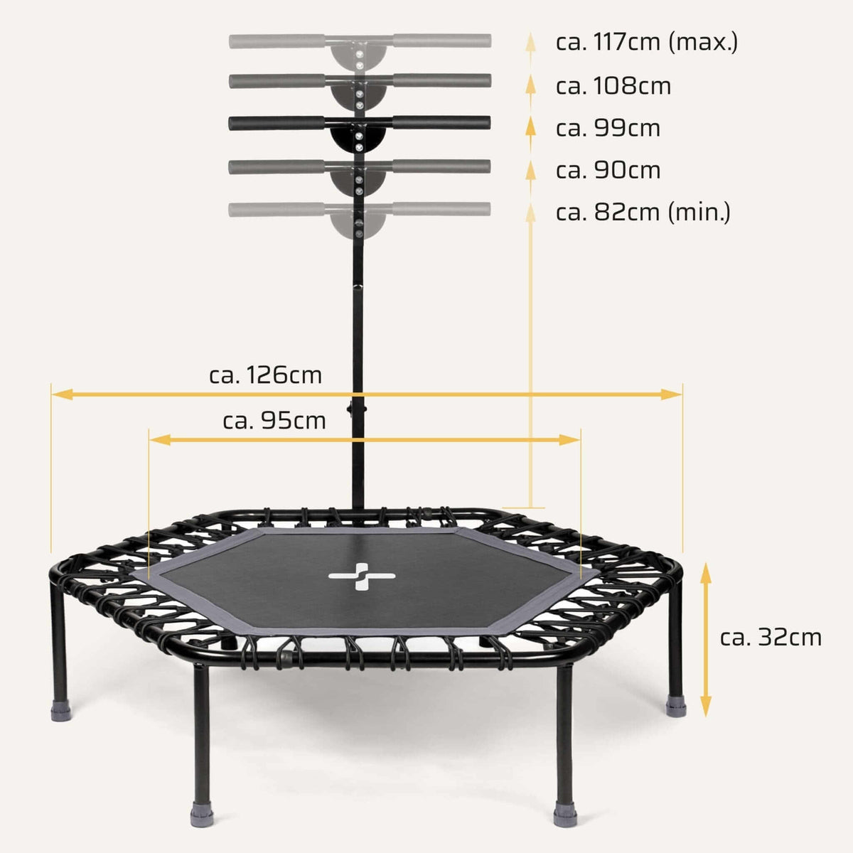 Höhenverstellbares Fitness Trampolin mit Haltestange – Maßangaben: Griffhöhe 82–117 cm, Ø 126 cm, Sprungfläche 95 cm