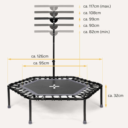 Höhenverstellbares Fitness Trampolin mit Haltestange – Maßangaben: Griffhöhe 82–117 cm, Ø 126 cm, Sprungfläche 95 cm