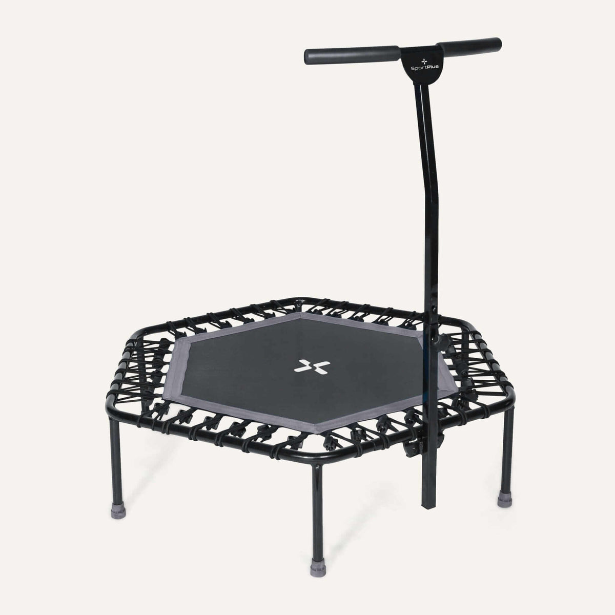 Alt Tag: Höhenverstellbares Fitness Trampolin mit Haltestange – leises Gummiseilsystem, stabiler Haltegriff für gelenkschonendes Training