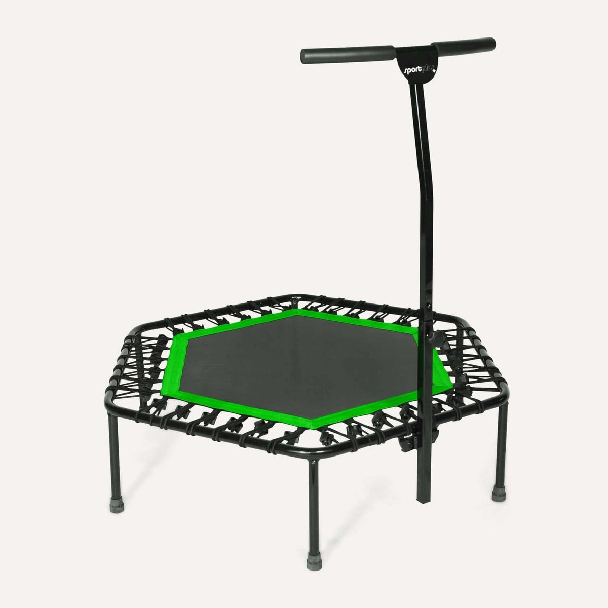 Alt Tag: Höhenverstellbares Fitness Trampolin mit Haltestange – gelenkschonendes Gummiseilsystem, 5-fach verstellbarer Haltegriff, leises Training