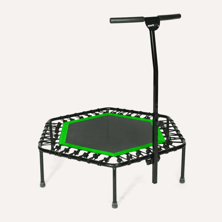 Alt Tag: Höhenverstellbares Fitness Trampolin mit Haltestange – gelenkschonendes Gummiseilsystem, 5-fach verstellbarer Haltegriff, leises Training