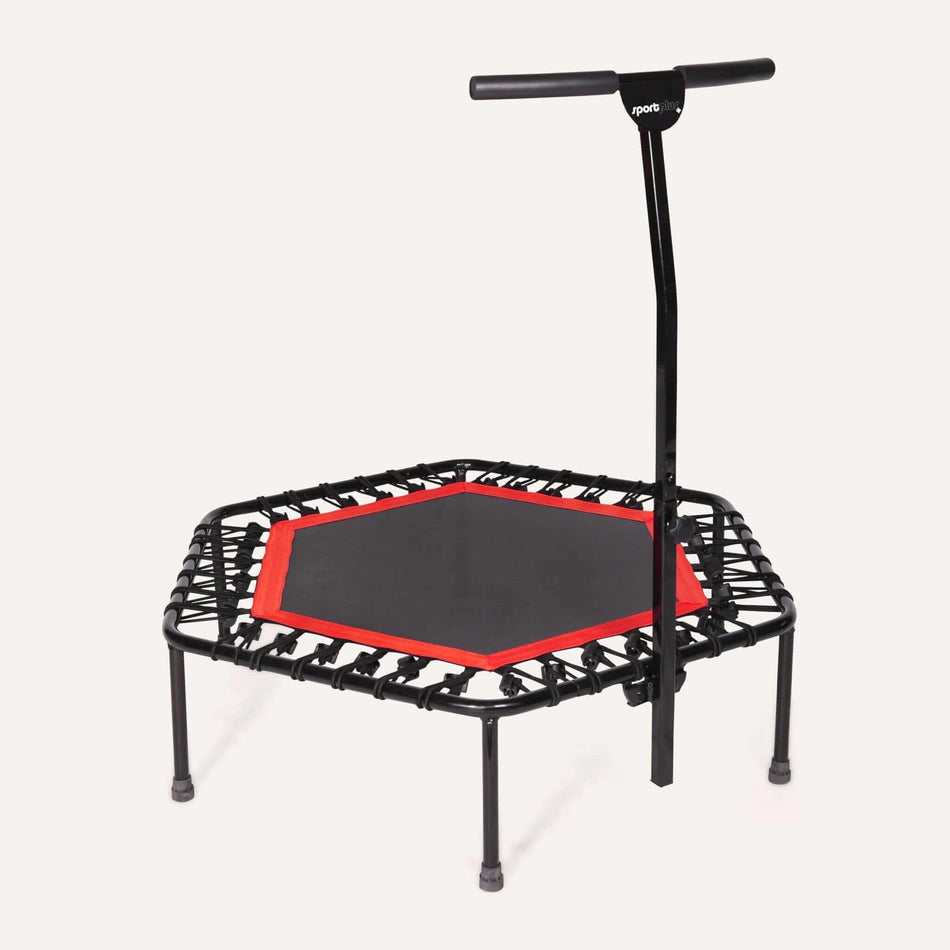 Höhenverstellbares Fitness Trampolin mit Haltestange – leises Gummiseilsystem, stabiler Rahmen, 5-fach verstellbarer Haltegriff