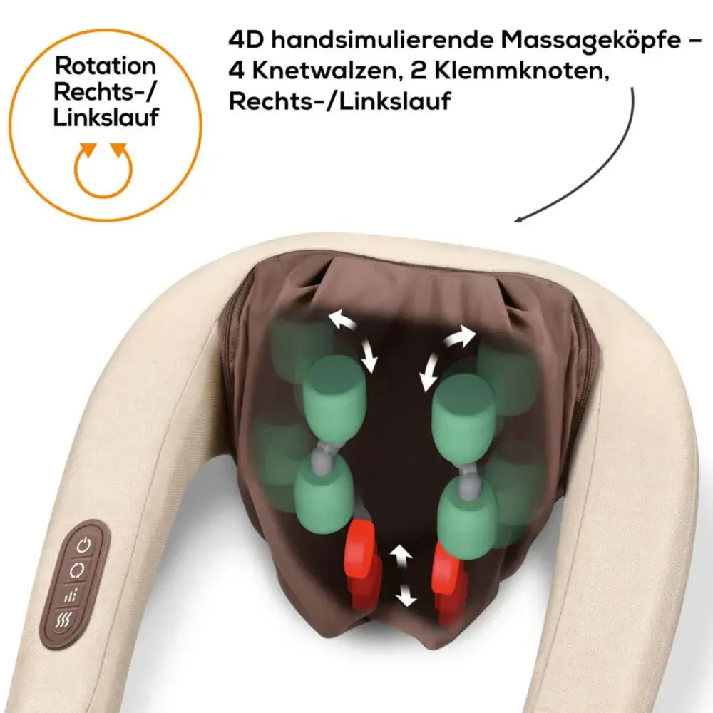 Nacken Massagegerät 4D mit rotierenden Knetwalzen und Klemmknoten, Rechts-/Linkslauf und Wärmefunktion für Schulter-Nacken-Massage