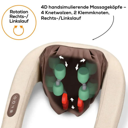 Nacken Massagegerät 4D mit rotierenden Knetwalzen und Klemmknoten, Rechts-/Linkslauf und Wärmefunktion für Schulter-Nacken-Massage