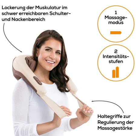 Nacken Massagegerät 4D mit Wärmefunktion am Nacken, Frau nutzt Haltegriffe, Massage-Modus und Intensitätsstufen zur Muskelentspannung