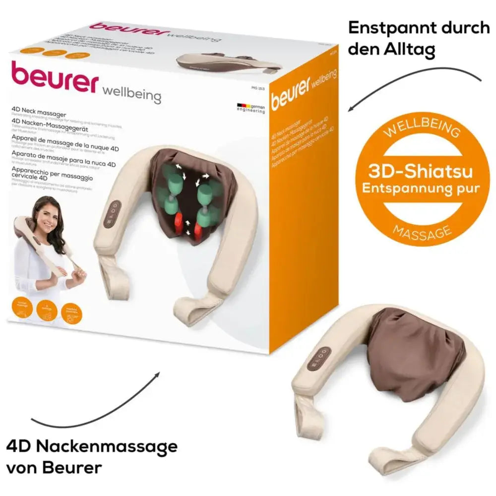 Nacken Massagegerät 4D von Beurer mit Wärmefunktion, Shiatsu-Knetmassage für Nacken und Schultern – Produktbild in Verpackung