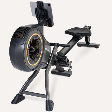 Rudergerät mit Luftwiderstand und App-Kompatibilität – Indoor-Rudergerät mit Turbinen-Luftwiderstand, Tablet-Halter und ergonomischem Sitz