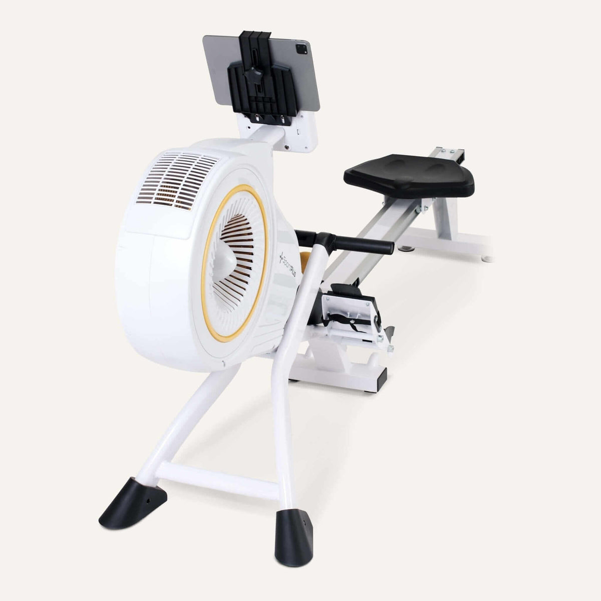 Alt Tag: Rudergerät mit Luftwiderstand und App-Kompatibilität mit Turbinen-Luftwiderstand, Sitzschiene und Tablet-Halter fürs Home-Workout