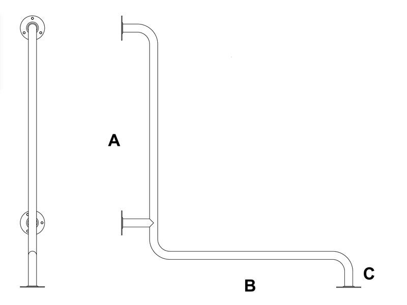 Haltegriff aus Edelstahl horizontal, stabiler rutschfester Bad- und WC-Haltegriff, technische Zeichnung mit Maßen A, B, C