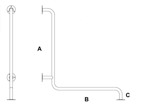 Haltegriff aus Edelstahl horizontal, stabiler rutschfester Bad- und WC-Haltegriff, technische Zeichnung mit Maßen A, B, C