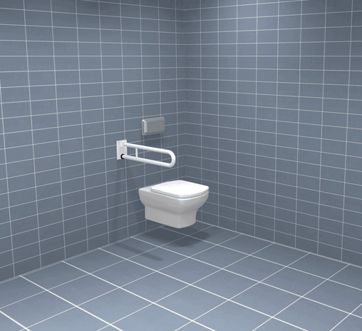 klappbarer Wandgriff neben WC im Bad, klappbarer Haltegriff an der Wand montiert, platzsparende Unterstützung