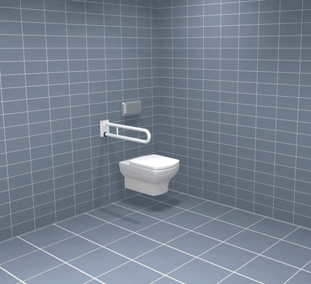 klappbarer Wandgriff neben WC im Bad, klappbarer Haltegriff an der Wand montiert, platzsparende Unterstützung