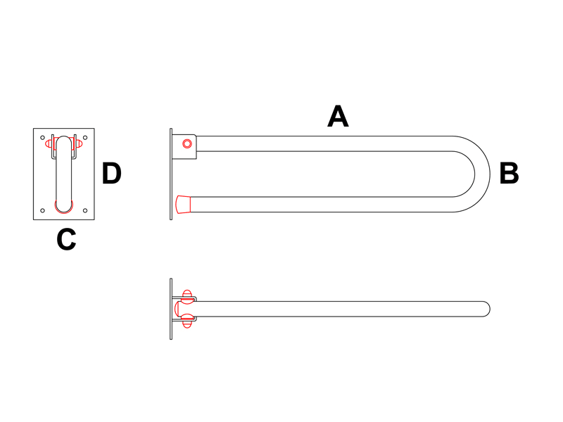 klappbarer Wandgriff – technische Zeichnung mit Maßen A, B, C, D für Wandmontage im Bad und WC