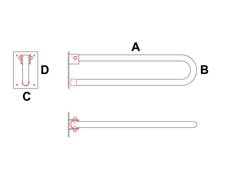 klappbarer Wandgriff – technische Zeichnung mit Maßen A, B, C, D für Wandmontage im Bad und WC