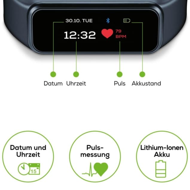 Fitness Aktivitätstracker mit Touchscreen zeigt Uhrzeit, Datum, Puls (BPM) und Akkustand – Pulsmessung & Lithium-Ionen-Akku