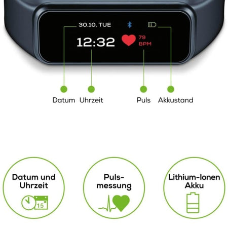Fitness Aktivitätstracker mit Touchscreen zeigt Uhrzeit, Datum, Puls (BPM) und Akkustand – Pulsmessung & Lithium-Ionen-Akku