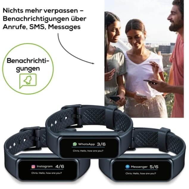 Alt Tag: Fitness Aktivitätstracker mit Benachrichtigungen für Anrufe, SMS und Messages per Bluetooth – Touchscreen-Armband mit App