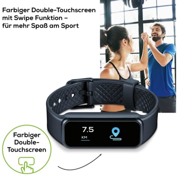 Fitness Aktivitätstracker mit farbigem Double-Touchscreen, Swipe-Funktion, Pulsmessung und Schlaftracking als Bluetooth-Armband
