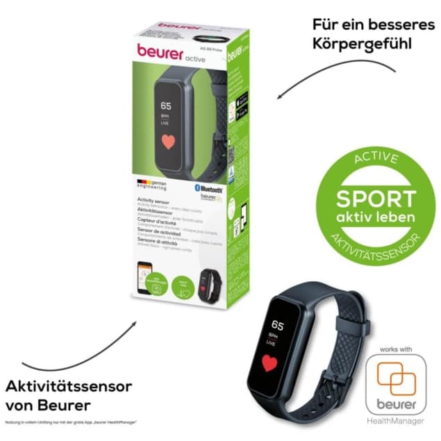 Fitness Aktivitätstracker Beurer AS 99 Pulse mit Pulsmessung, Schlaftracking, Bluetooth, Touchscreen – Aktivitätssensor Armband und Verpackung