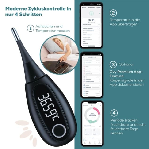 Basalthermometer mit Bluetooth zur Zykluskontrolle, Temperaturmessung und Übertragung in die Ovy App auf dem Smartphone