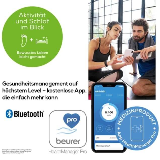 Fitness Aktivitätstracker mit Pulsmessung, Schlaftracking und Bluetooth, App HealthManager Pro, Aktivität und Schlaf im Blick