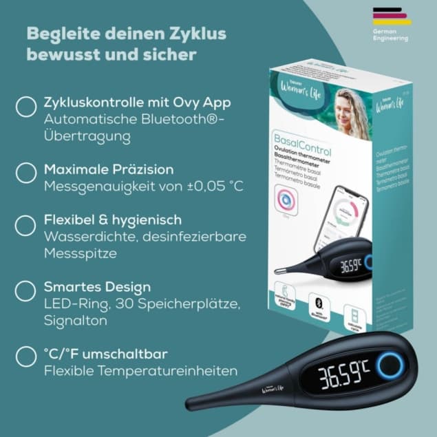 Basalthermometer Beurer OT 30 mit Ovy App, Bluetooth Zykluskontrolle, präzise Messung ±0,05°C, wasserdichte Messspitze