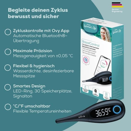 Basalthermometer Beurer OT 30 mit Ovy App, Bluetooth Zykluskontrolle, präzise Messung ±0,05°C, wasserdichte Messspitze